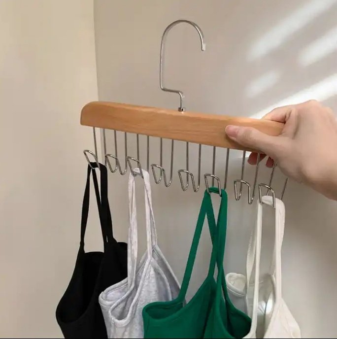 Multi-purpose premium wood hangers space saving bra underwear hangers closet with 8 hooks