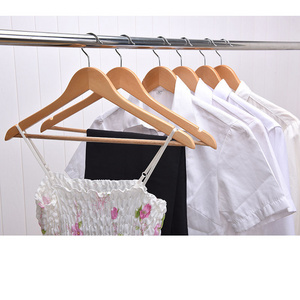 Hot sale shoulder notched wooden coat clothes hangers with suit trouser bar