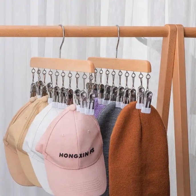 Multifunction modern hat sock hanger organizer space saving natural wood pant and skirt 10 clip hanger for closet