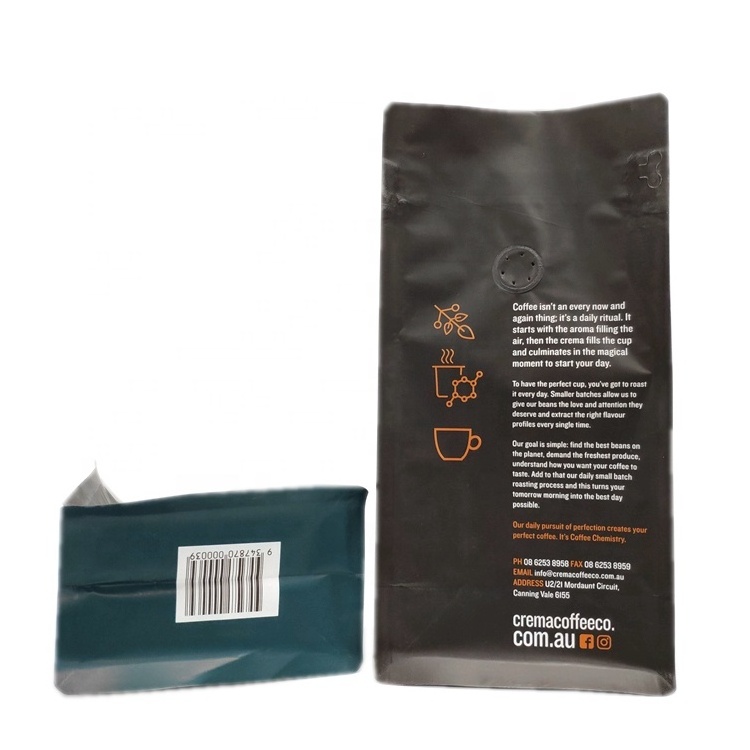 Custom printed resealable  matt coffee flat block bottom aluminum ziplock bags with one way degassing valve