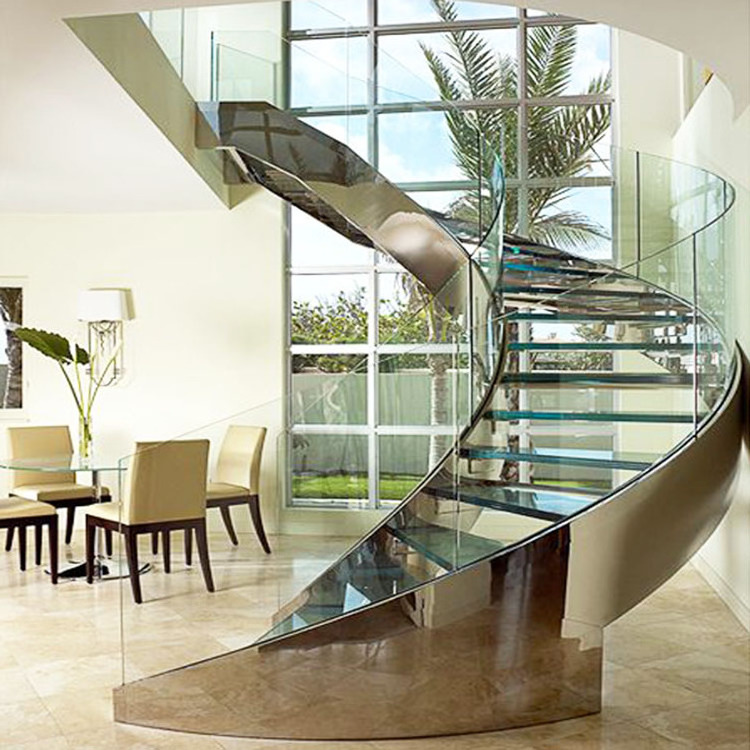 One Stop Service Glass Staircase Solid Wood Tread Floating Staircase Glass Railing Spiral Stairs