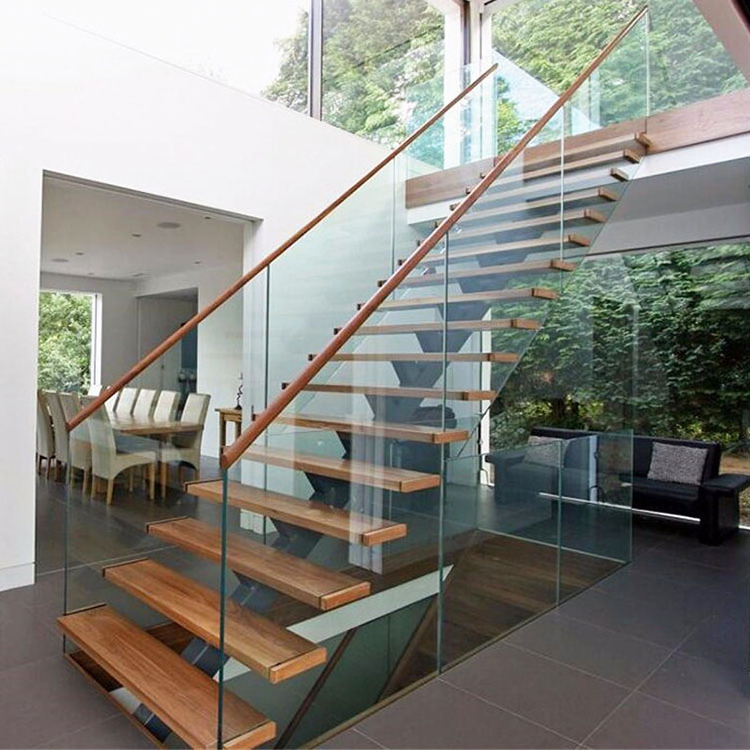 One Stop Service Glass Staircase Solid Wood Tread Floating Staircase Glass Railing Spiral Stairs