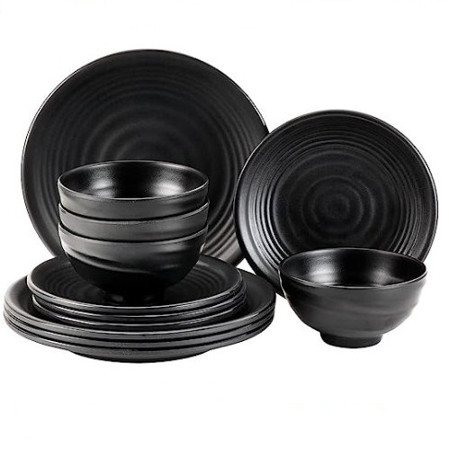 Black Melamine Plastic Home Dinnerware Set, 12-Piece Service for 4