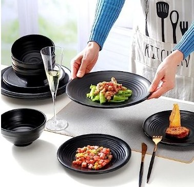 Black Melamine Plastic Home Dinnerware Set, 12-Piece Service for 4