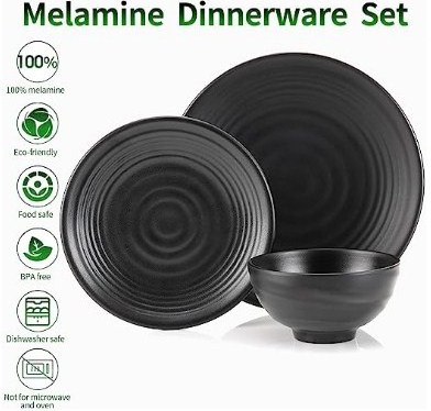 Black Melamine Plastic Home Dinnerware Set, 12-Piece Service for 4