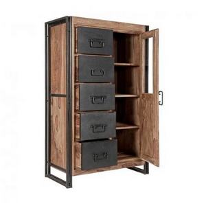 Retro styled industrial solid acaica wood wardrobe /armoire with 2 iron drawers and iron stand Bulk Product