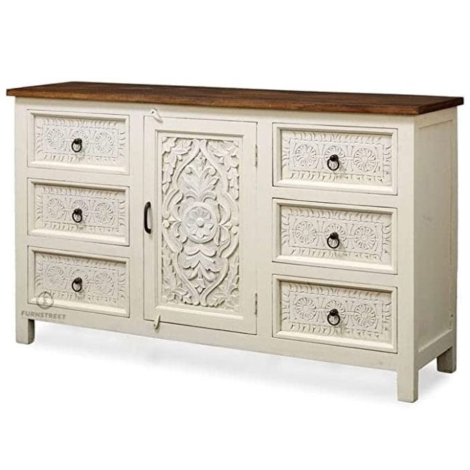 Solid Mango Wooden Hand Carved Wooden Sideboard Cabinet with Drawers & Shelf Storage Handmade Bulk Product