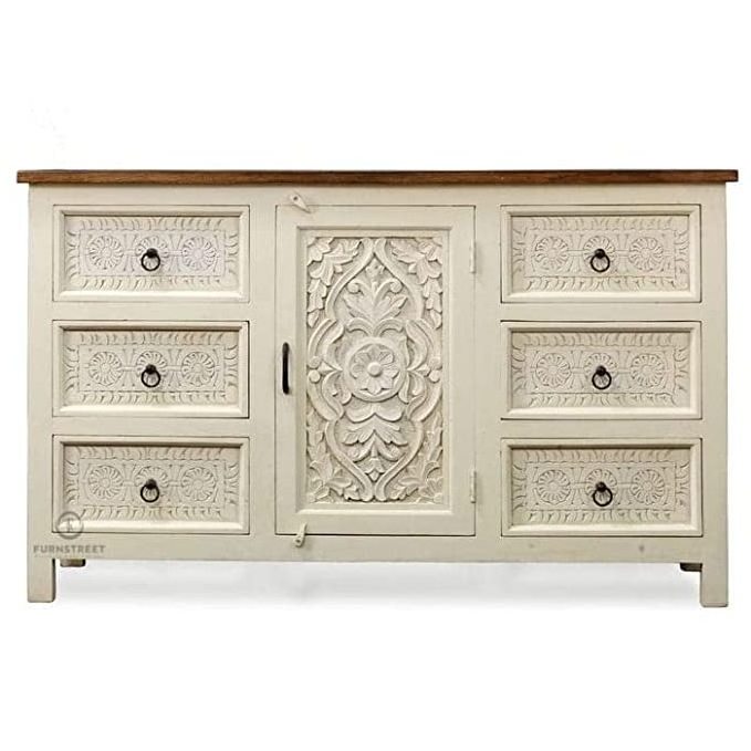 Solid Mango Wooden Hand Carved Wooden Sideboard Cabinet with Drawers & Shelf Storage Handmade Bulk Product