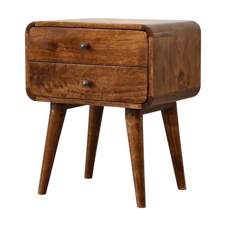 Solid Mango Wood Curved Chestnut Bedside Table Small 2 Drawer Wooden Nightstand Modern Bed End Table