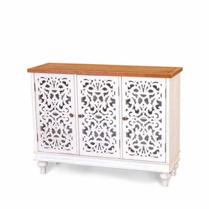 White Hollow-Carved Cabinet with 3-Door Vintage Furniture Living Room Decor Antique White Sideboard Wood Storage Cabinet