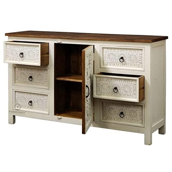 Solid Mango Wooden Hand Carved Wooden Sideboard Cabinet with Drawers & Shelf Storage Handmade Bulk Product