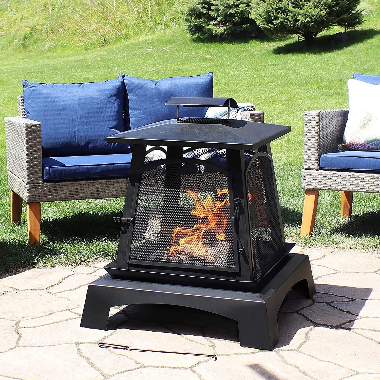 Pagoda Style Steel Fire Pit - Metal Wood-Burning Enclosed Outdoor Fireplace with Log Grate and Poker