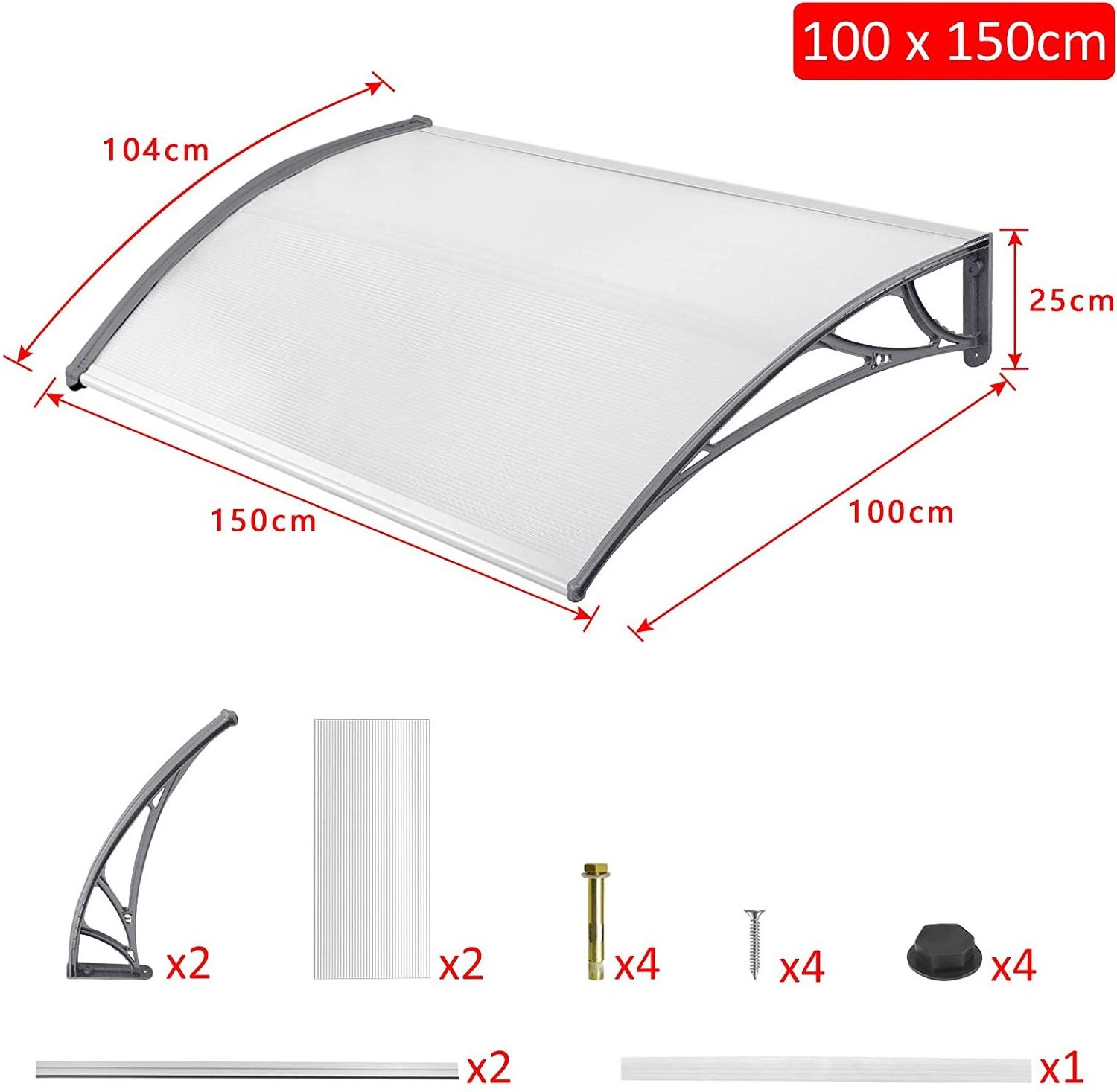 150 x 100 cm Canopy for Front Door, Arch Canopy, Front Door Made of Polycarbonate and Aluminium Frame for  Balcony, Window