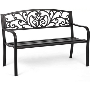 Outdoor Black Steel Bench Garden Patio Porch Furniture with Floral Design Backrest for Park, Garden, Outdoor