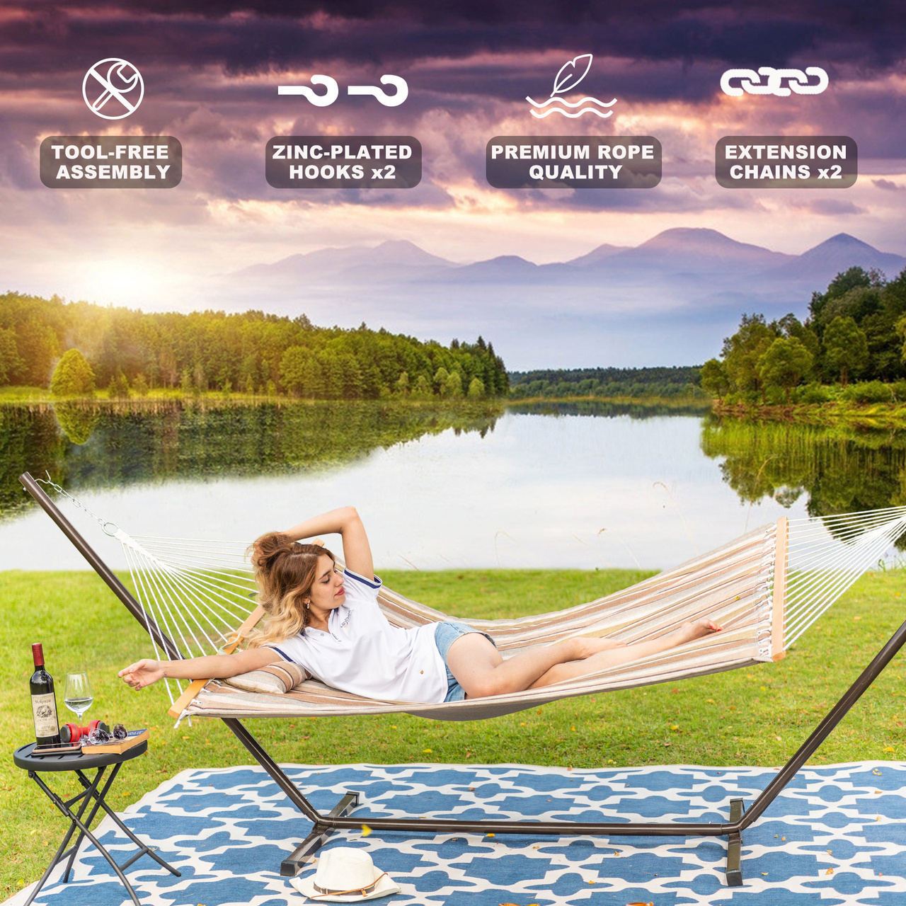 550LBS Weight Capacity 12 Feet Steel Hammock Stand with Quilted Fabric Hammock Combo and Pillow for Outdoor