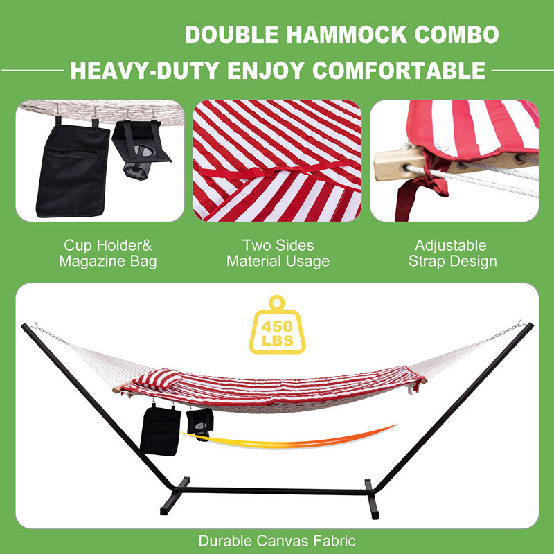 12 Feet Steel Hammock Stand with Cotton Rope Hammock Combo, Quilted Polyester Hammock Pad, Pillow, Mag Bag and Cup Holder