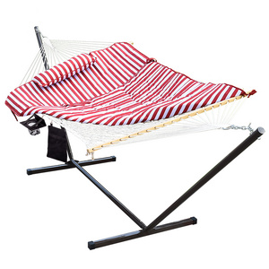 12 Feet Steel Hammock Stand with Cotton Rope Hammock Combo, Quilted Polyester Hammock Pad, Pillow, Mag Bag and Cup Holder