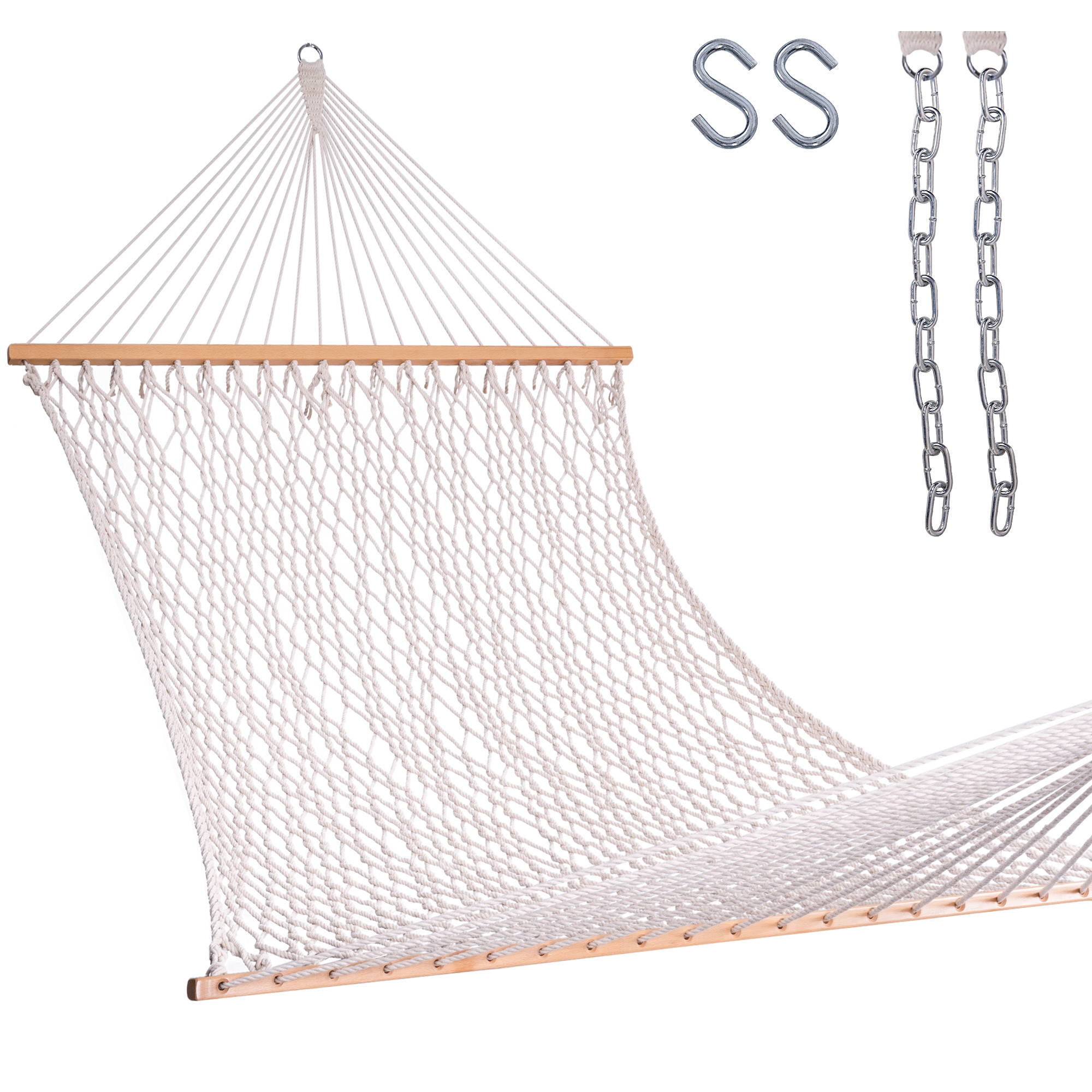 13 ft Hand Woven Cotton Rope Hammock with Spreader Bars, Hooks and Chains for Patio, Backyard, Beaches