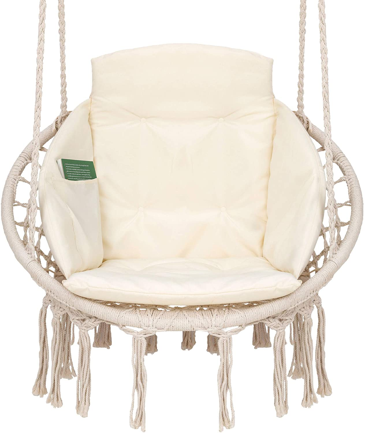 Hammock Chair Macrame Bohemian Hammock with Creamy Cushion, Hanging Cotton Rope Hammock Swing Chair with Cushions and Pocket