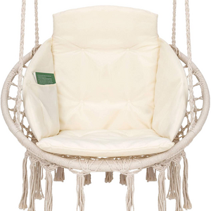 Hammock Chair Macrame Bohemian Hammock with Creamy Cushion, Hanging Cotton Rope Hammock Swing Chair with Cushions and Pocket