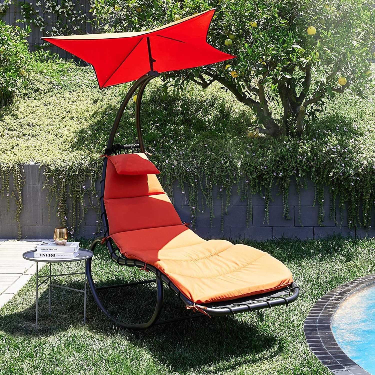 Outdoor Hanging Chaise Lounge Chair Swing Curved Cushion Seat Hammock with Canopy Sun Shade