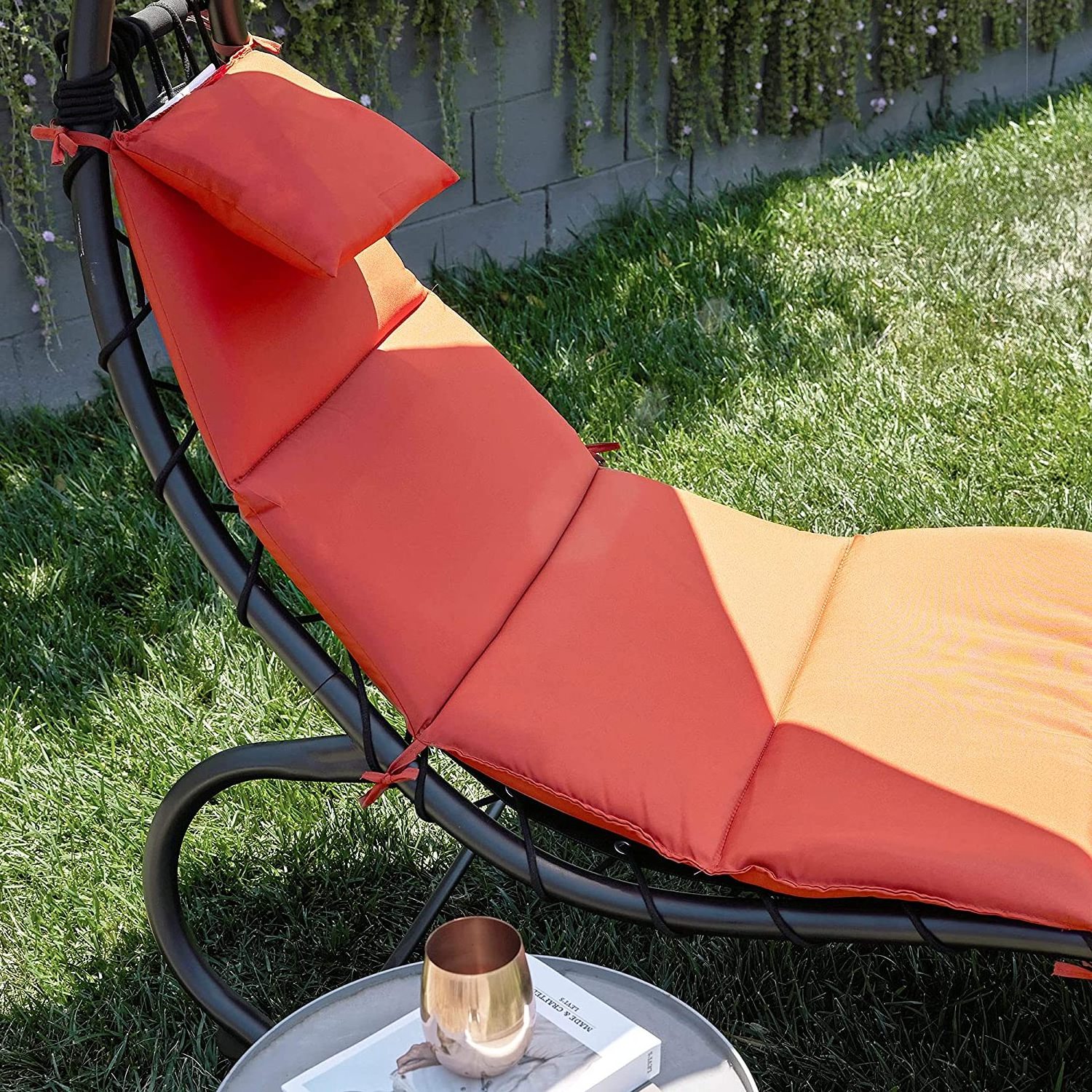 Outdoor Hanging Chaise Lounge Chair Swing Curved Cushion Seat Hammock with Canopy Sun Shade