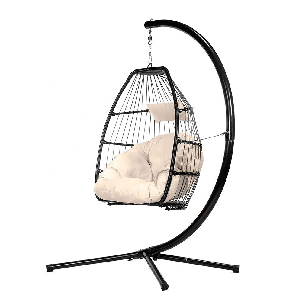 Outdoor Furniture Wicker Rattan Porch Lounge Egg Hanging Chair with Stand Patio Steel Swings