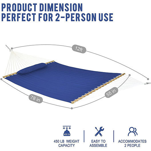 12 Feet Quilted Fabric Hammock with Pillow Double 2 Person Hammock with Bamboo Spreader Bars Perfect for Outdoor Outside Patio