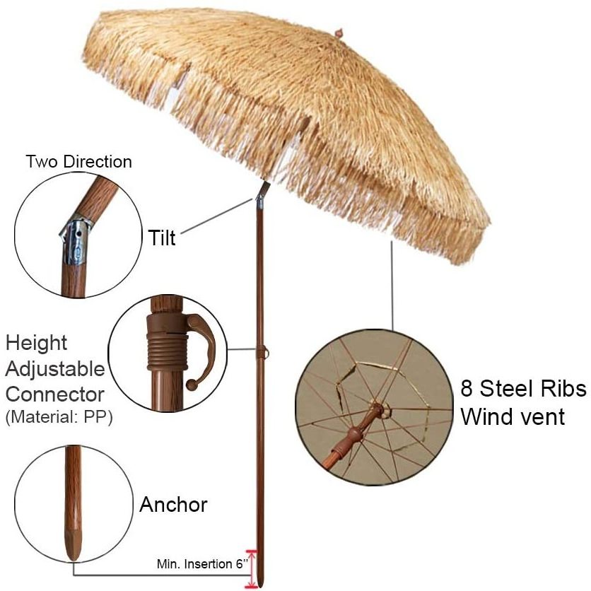 Thatched Patio Tiki Umbrella with Tilt - Tropical Palapa Raffia Tiki Hut Hawaiian Hula Beach Umbrella