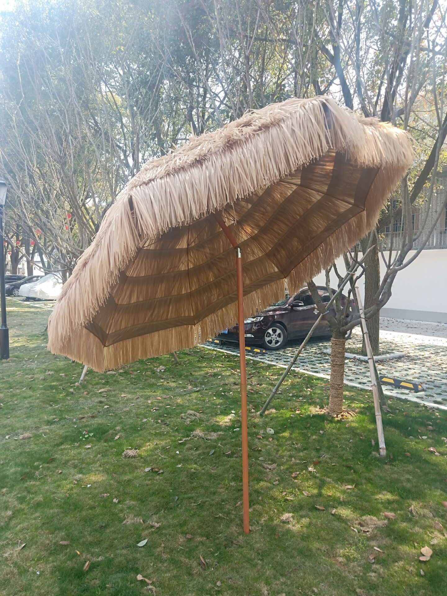 Thatched Patio Tiki Umbrella with Tilt - Tropical Palapa Raffia Tiki Hut Hawaiian Hula Beach Umbrella