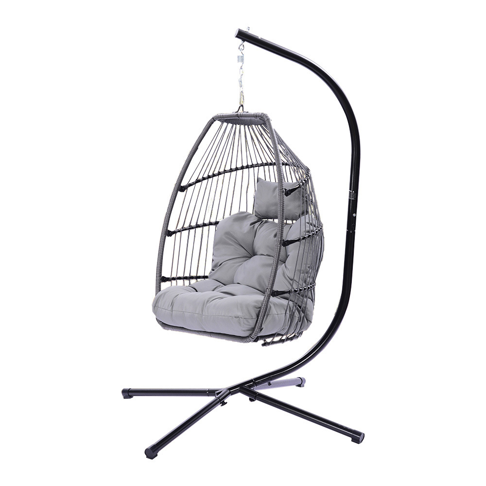 Folding Wicker Hanging Hammock Egg Chair with Stand and Cushion for Bedroom Garden and Balcony