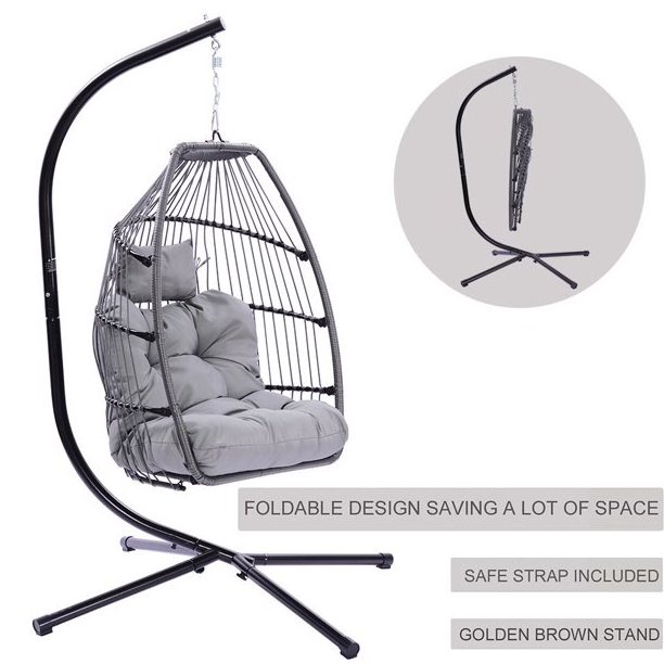 Folding Wicker Hanging Hammock Egg Chair with Stand and Cushion for Bedroom Garden and Balcony