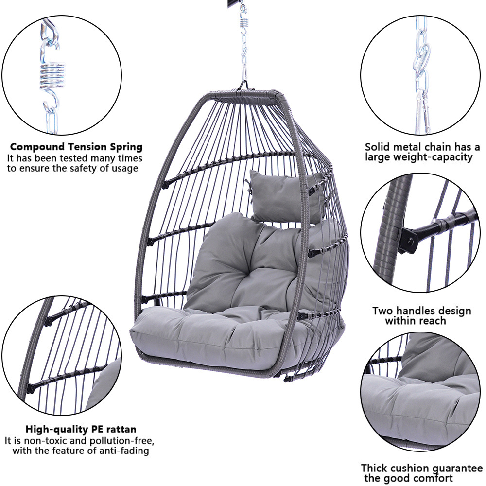 Folding Wicker Hanging Hammock Egg Chair with Stand and Cushion for Bedroom Garden and Balcony