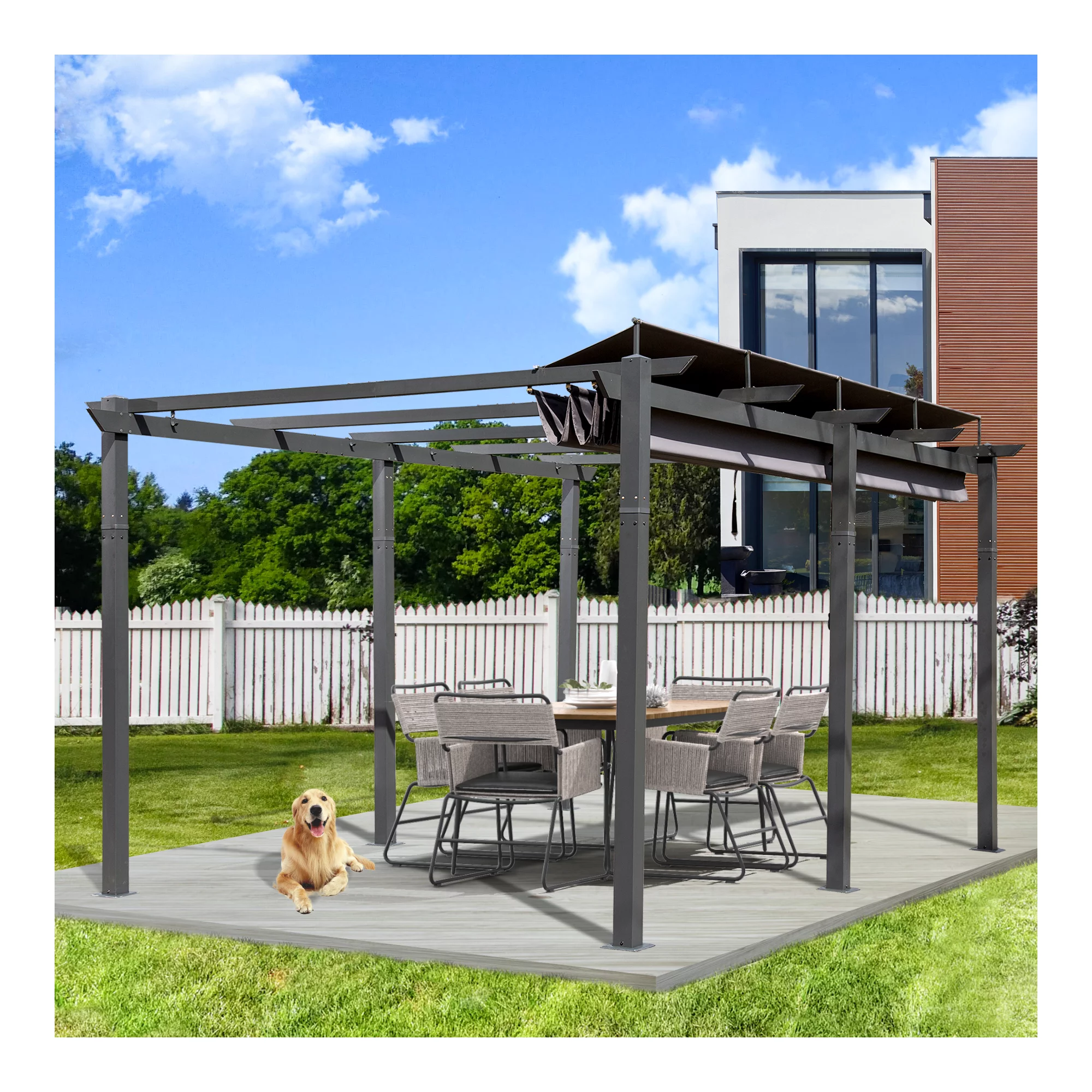 11 X 16ft Outdoor Retractable Pergola with Weather-Resistant Canopy Aluminum Garden Pergola Patio Grill Gazebo for Courtyard