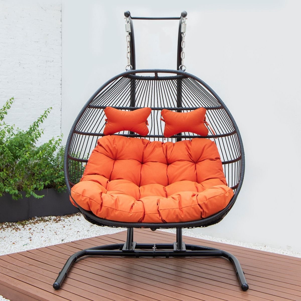 Patio Black Wicker 2 Person Double Folding Hanging Egg Swing Chair