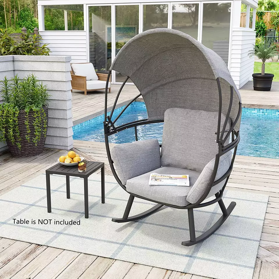 Outdoor Garden Rocked Metal Rocking Chair With Folding Canopy