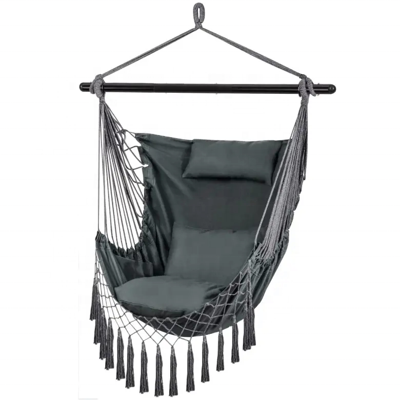 Hammock Chair Hanging Chair Swing Large with Anti-Slip Steel Spread Bar-Max 500lbs-2 Cushions