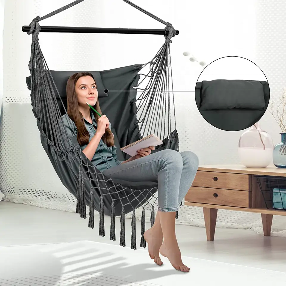 Hammock Chair Hanging Chair Swing Large with Anti-Slip Steel Spread Bar-Max 500lbs-2 Cushions