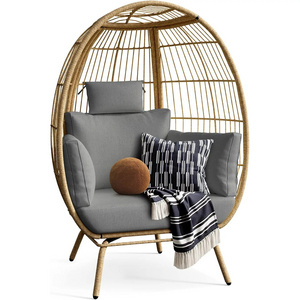 Indoor Outdoor Swing Egg Chair with Stand Patio Foldable Grey Wicker Rattan Hanging Chair with Cushion