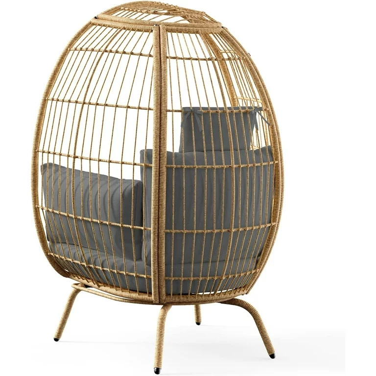 Indoor Outdoor Swing Egg Chair with Stand Patio Foldable Grey Wicker Rattan Hanging Chair with Cushion