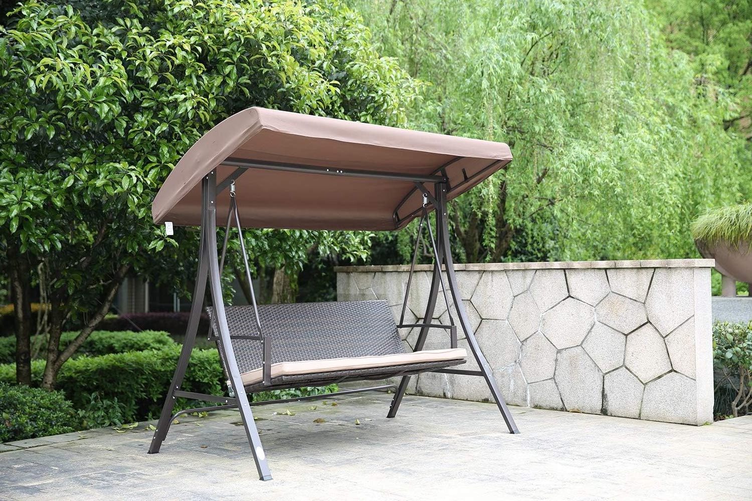 550LBS Capacity Poly Rattan Metal 3 Seater Garden Swing with Canopy for Garden, Pool, Outdoor