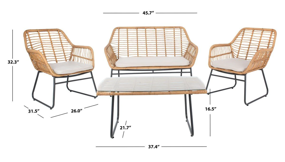 4 Pieces Patio Furniture Set Wicker Rattan Patio Conversation Set with Tempered Glass Table for Outdoor Garden Patio