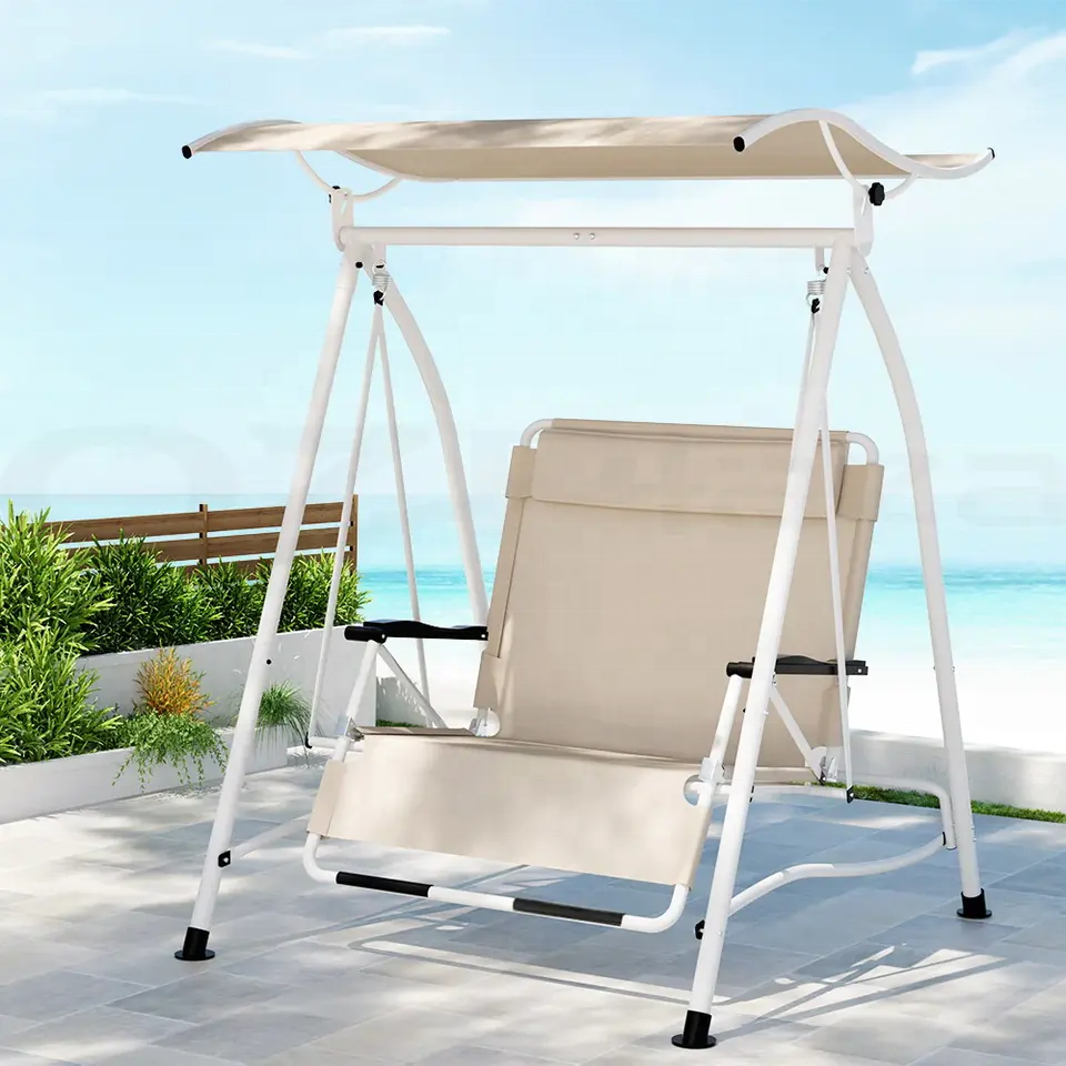 Patio Porch Swing Chair with Canopy, Outdoor Hanging Steel Chaise Lounge Chair Swing with Stand