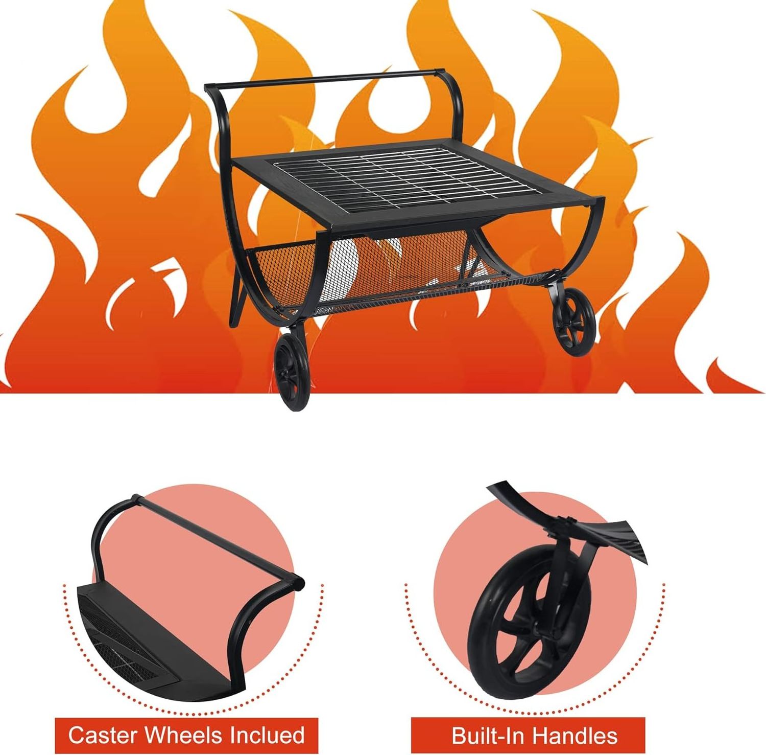 Patio Steel Square Fire Pits Outdoor Wood Burning with Wheels,Grill, Grate, Spark Screen for Outside Fireplace