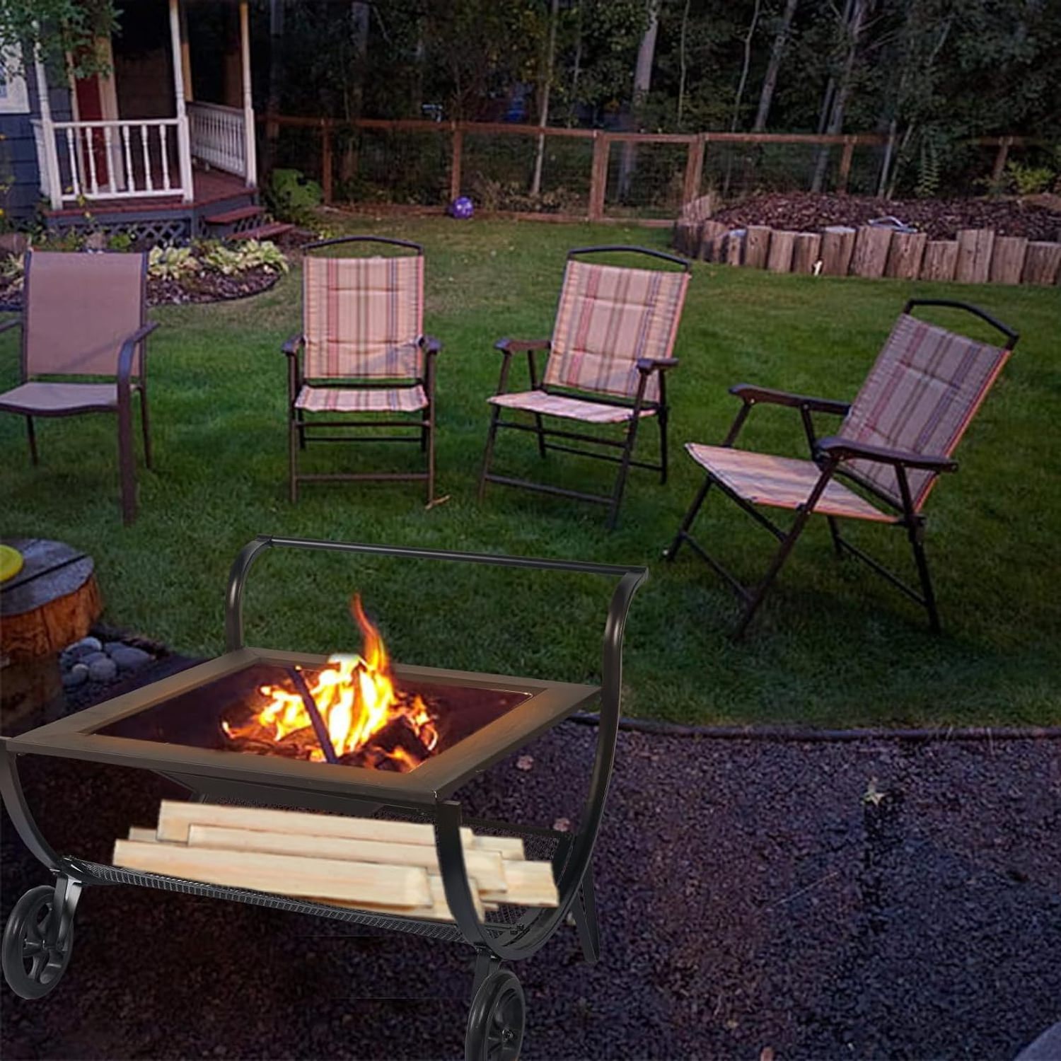 Patio Steel Square Fire Pits Outdoor Wood Burning with Wheels,Grill, Grate, Spark Screen for Outside Fireplace