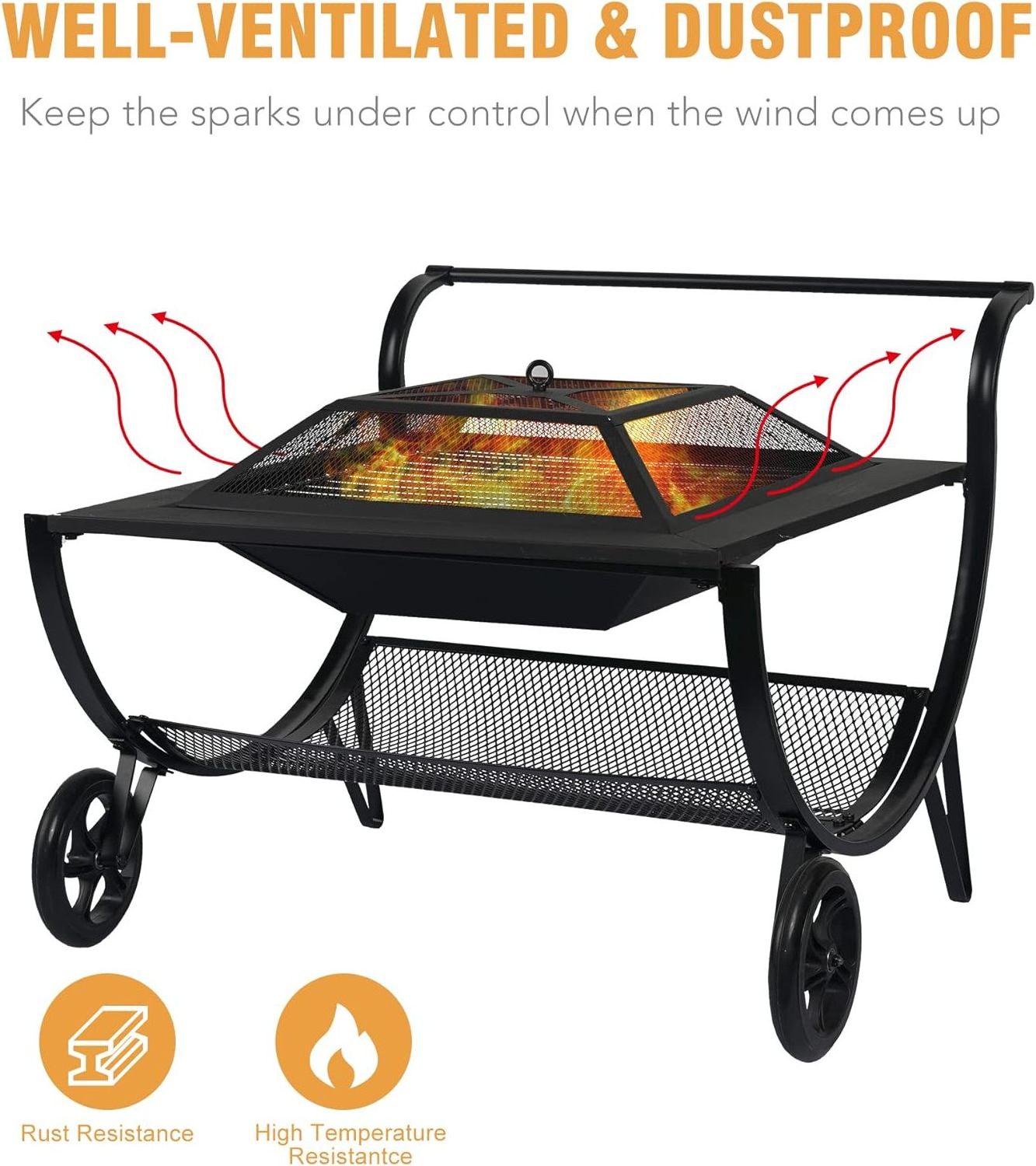 Patio Steel Square Fire Pits Outdoor Wood Burning with Wheels,Grill, Grate, Spark Screen for Outside Fireplace