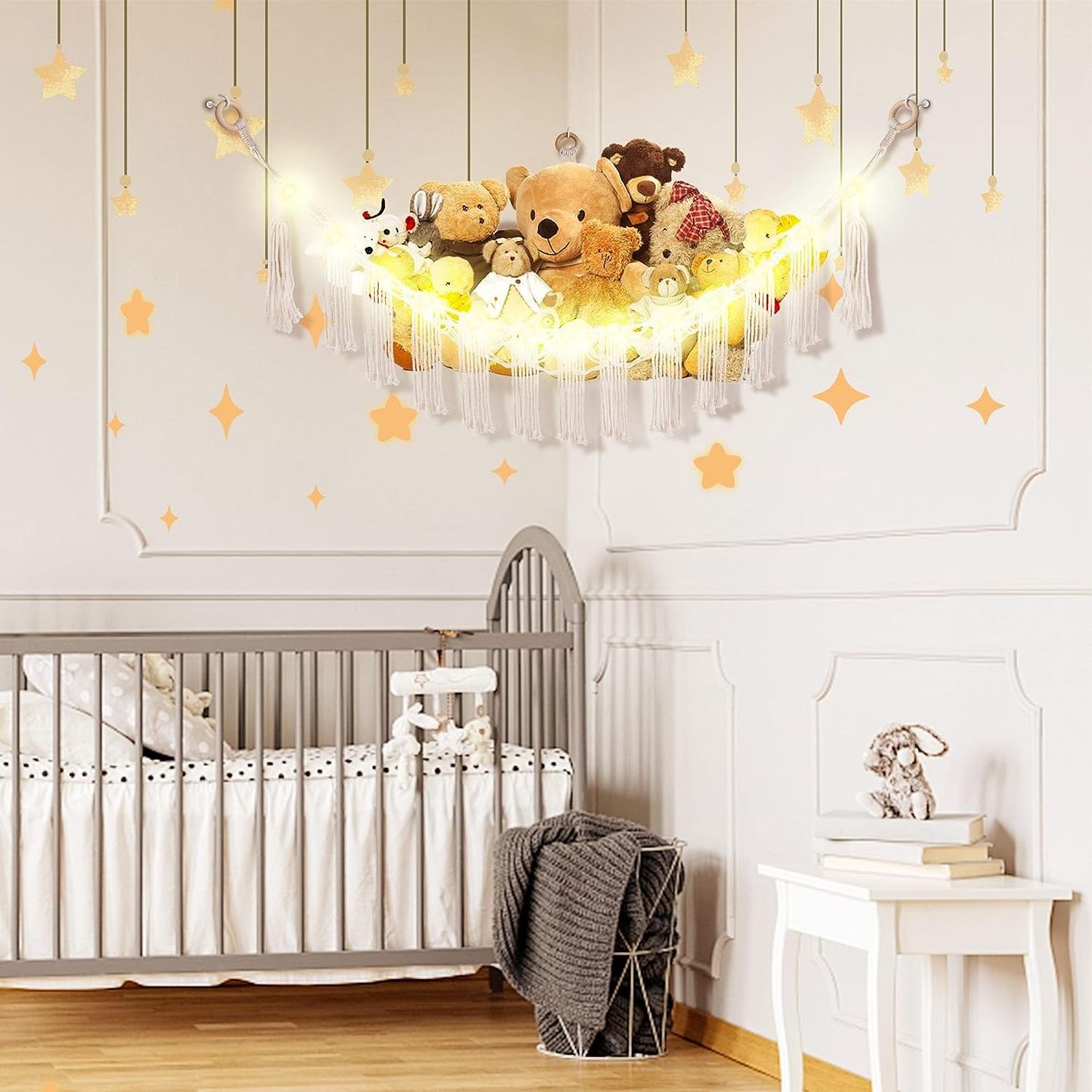 Hanging Stuffed Animal Net or Hammock for Kids Toy Storage With LED Light