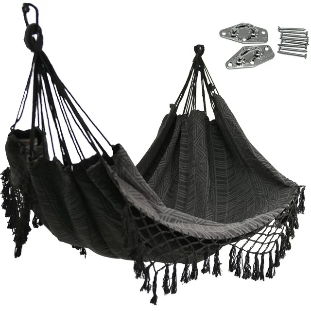 Black Polyester Jacquard Macrame Hammock with Indoor Hanging Kit Bundle, Open Size 81