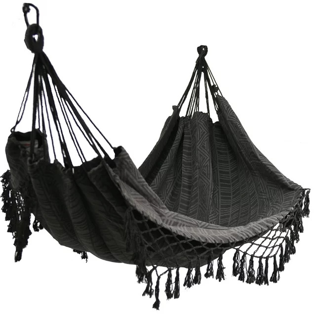 Black Polyester Jacquard Macrame Hammock with Indoor Hanging Kit Bundle, Open Size 81