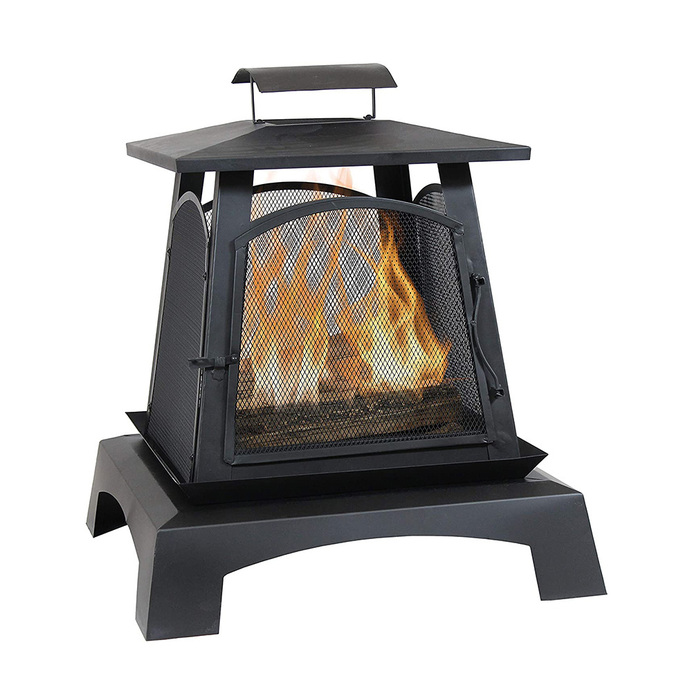 Pagoda Style Steel Fire Pit - Metal Wood-Burning Enclosed Outdoor Fireplace with Log Grate and Poker